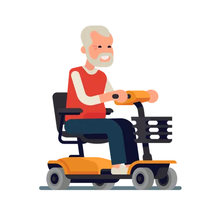 Anciano montado en una silla eléctrica con joystick en el reposabrazos  Ilustración