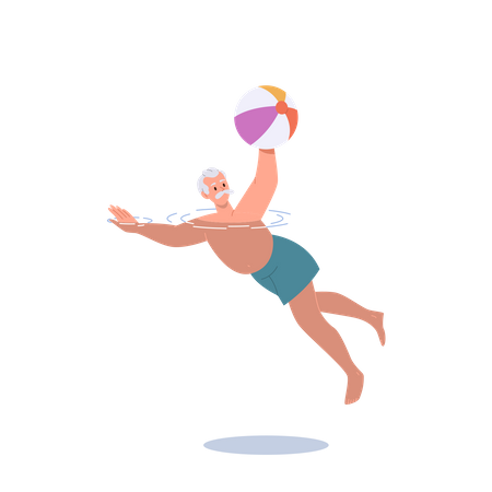Anciano nadando en la piscina con pelota inflable haciendo ejercicio Aquafit  Ilustración