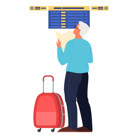 Anciano parado en la pantalla de embarque en el aeropuerto  Ilustración