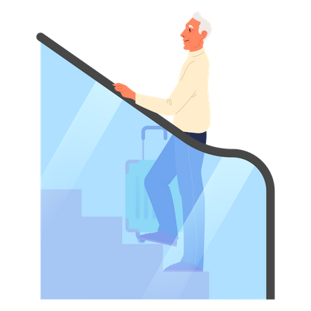 Anciano parado en las escaleras mecánicas del aeropuerto  Ilustración
