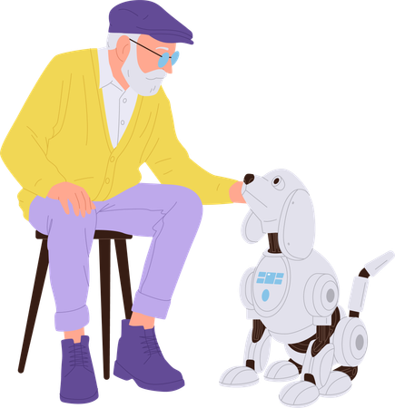 Un anciano pasa tiempo con su amigo electrónico, un perro con inteligencia artificial  Ilustración