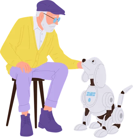 Un anciano pasa tiempo con su amigo electrónico, un perro con inteligencia artificial  Ilustración