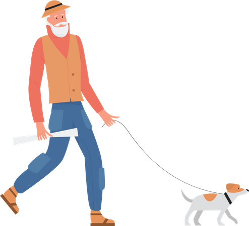 Anciano caminando con perro  Ilustración