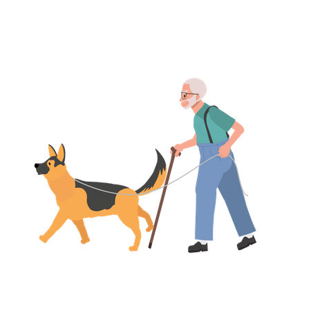 Anciano caminando con perro acompañante  Ilustración