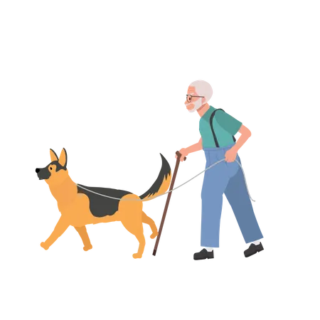 Anciano caminando con perro acompañante  Ilustración