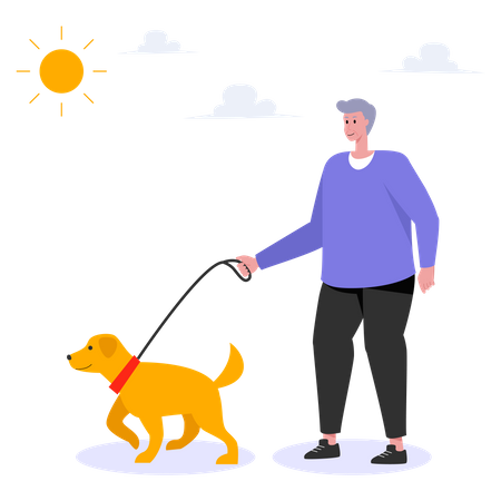 Anciano caminando con perro mascota  Ilustración