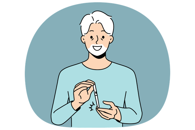 Un anciano usa un glucómetro para medir el nivel de insulina en la sangre mientras se alegra por el alivio de la diabetes.  Ilustración