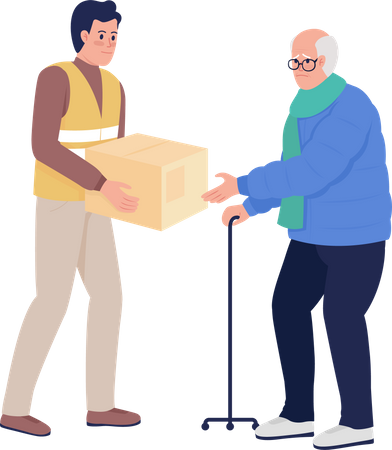 Anciano recibiendo ayuda humanitaria de un voluntario  Ilustración