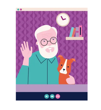 Anciano renunciando a su mano en video chat  Ilustración