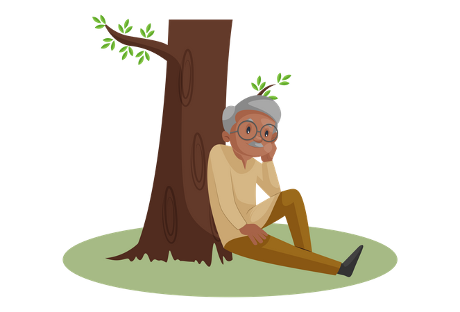Anciano sentado bajo un árbol y pensando algo  Ilustración