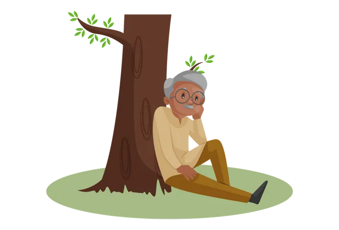 Anciano sentado bajo un árbol y pensando algo  Ilustración