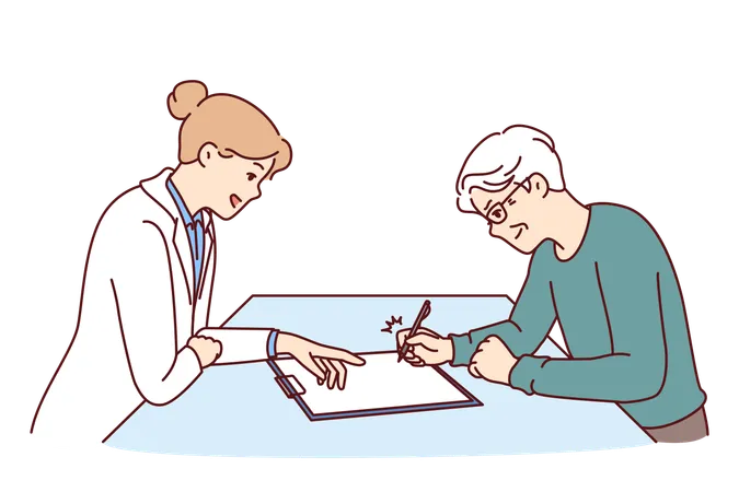 Un anciano se sienta cerca del médico completando un cuestionario para el seguro  Ilustración