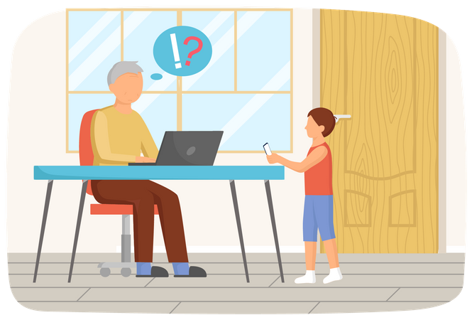 Un anciano sentado con una computadora le pide ayuda a su nieto  Ilustración
