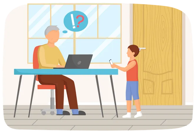 Un anciano sentado con una computadora le pide ayuda a su nieto  Ilustración