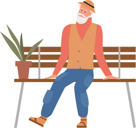 Anciano sentado en un banco de madera  Ilustración