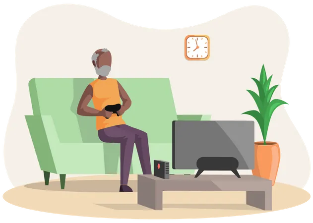 Un anciano sentado en el sofá juega videojuegos en la televisión  Ilustración