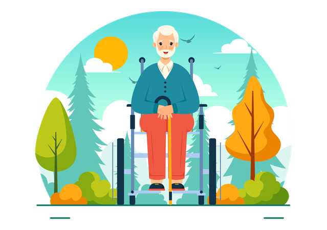 Anciano sentado en silla de ruedas en el parque  Ilustración