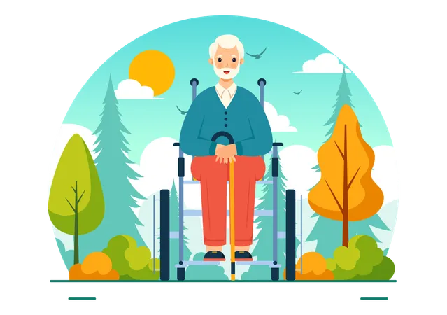 Anciano sentado en silla de ruedas en el parque  Ilustración