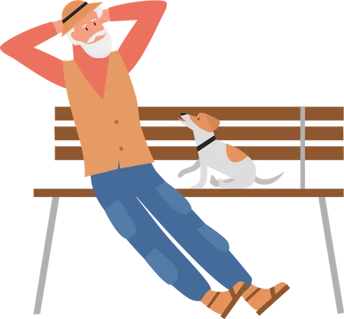Anciano sentado en un banco de madera y pensando algo  Ilustración