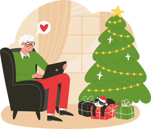 Un anciano se sienta en un sillón cerca del árbol de Navidad y se comunica con familiares en una computadora portátil  Ilustración