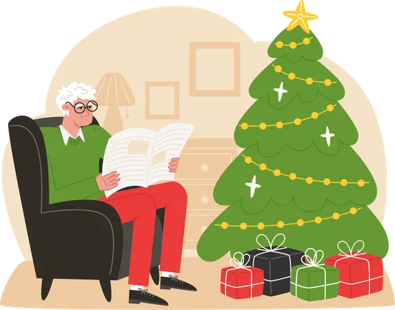 Un anciano se sienta en un sillón cerca del árbol de Navidad y lee un periódico  Ilustración