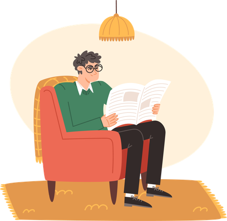 Anciano sentado en una silla cómoda y lee un periódico  Ilustración