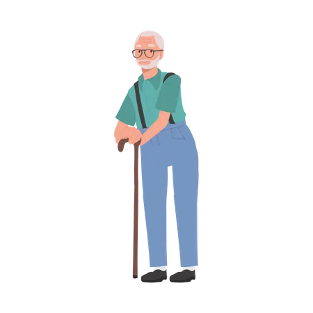 Anciano sonriente con bastón  Ilustración