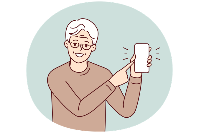 Un anciano sonriente señala la pantalla del celular  Ilustración
