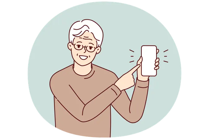 Un anciano sonriente señala la pantalla del celular  Ilustración