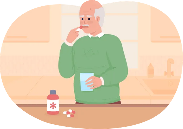 Anciano tomando medicamentos en casa  Ilustración