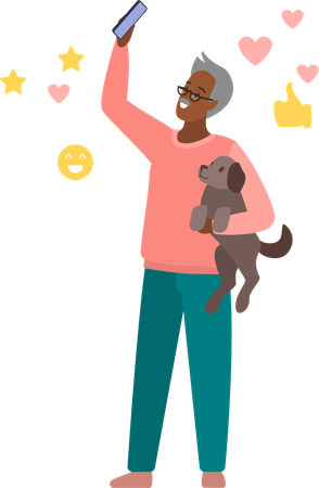 Anciano tomando selfie con perro  Ilustración