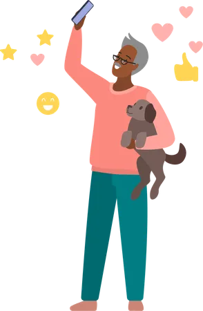 Anciano tomando selfie con perro  Ilustración