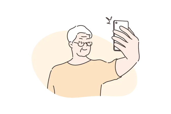 Anciano tomando selfie en móvil  Ilustración