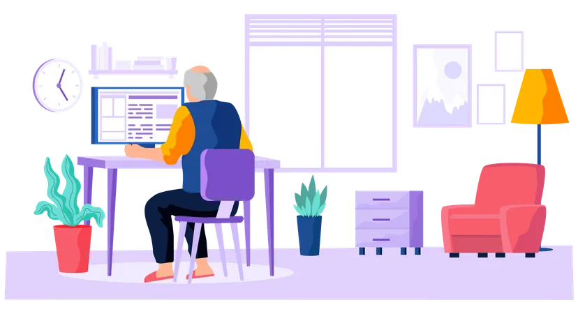 Anciano trabajando en la computadora  Ilustración