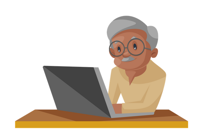 Anciano trabajando en una computadora portátil  Ilustración