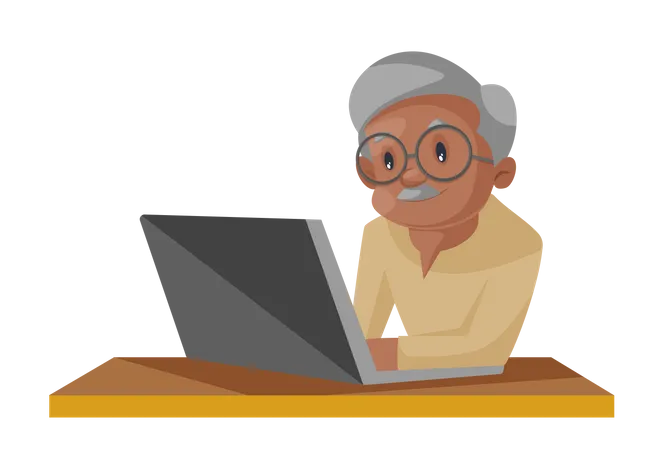 Anciano trabajando en una computadora portátil  Ilustración