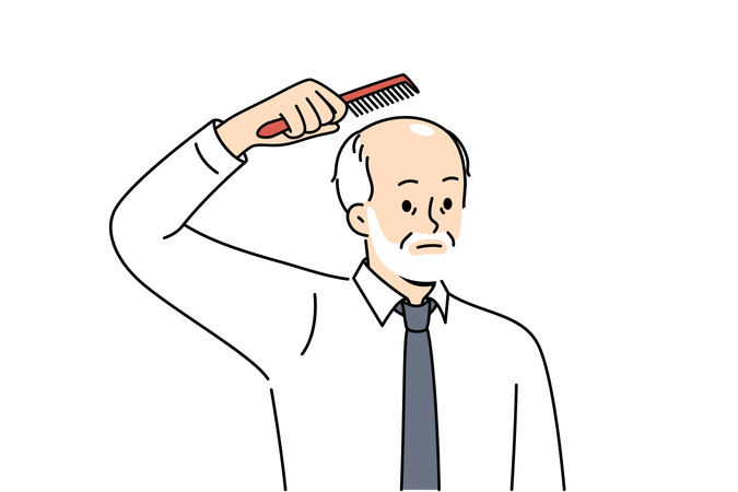 Anciano triste y calvo sosteniendo un peine sobre la cabeza y molesto por su pérdida debido a la vejez  Ilustración