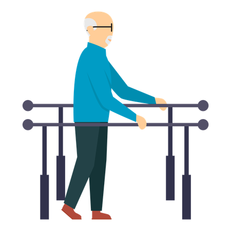 Anciano usando barras paralelas para fisioterapia o rehabilitación  Ilustración