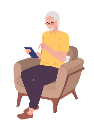 Anciano usando smartphone en sillón  Ilustración