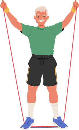 Anciano vistiendo pantalones cortos, calzado y camiseta haciendo ejercicio con banda de resistencia  Illustration