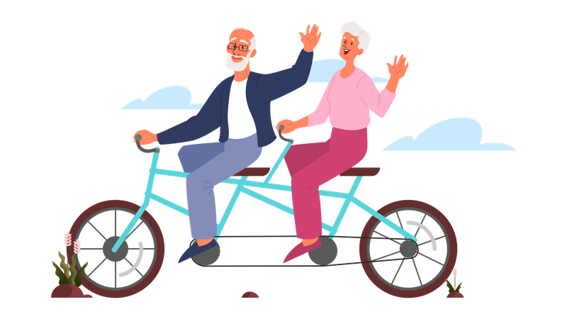 Anciano y mujer montando en bicicleta  Ilustración