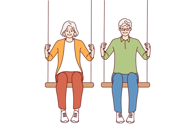 Anciano y mujer sentados en el columpio  Ilustración