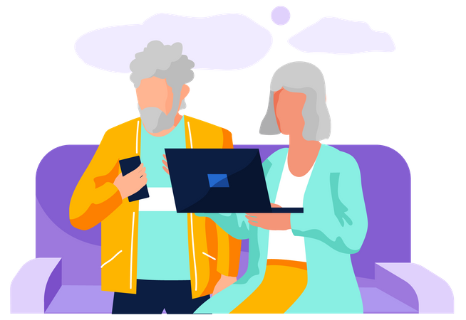 Anciano y mujer trabajando juntos con una computadora portátil en casa  Ilustración