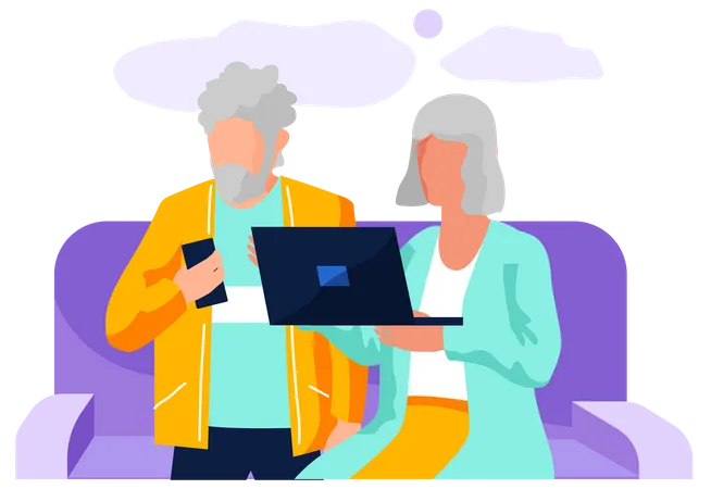 Anciano y mujer trabajando juntos con una computadora portátil en casa  Ilustración