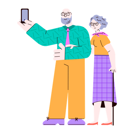 Ancianos de pie y tomándose selfies en un teléfono inteligente  Ilustración