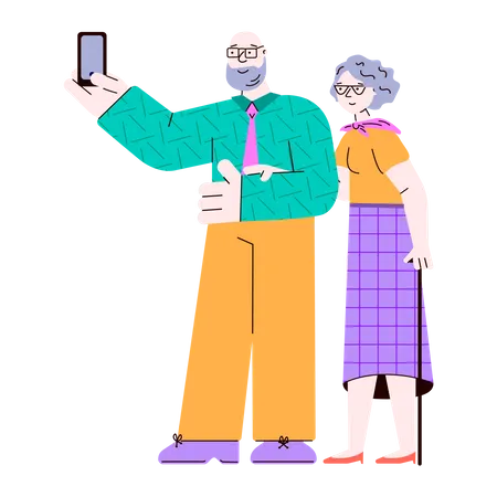 Ancianos de pie y tomándose selfies en un teléfono inteligente  Ilustración