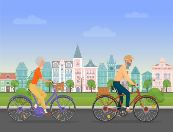 Ancianos montando en bicicleta  Ilustración