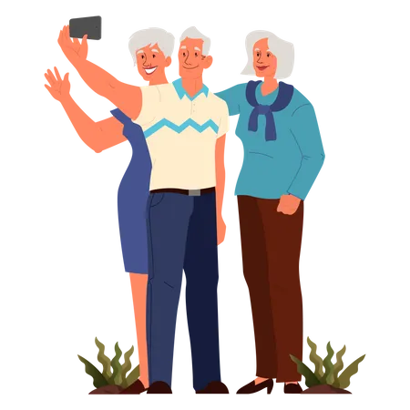 Ancianos tomándose selfies juntos  Ilustración