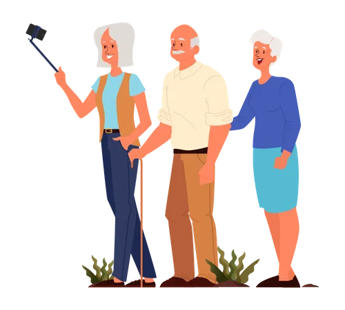 Ancianos tomándose selfies juntos  Ilustración