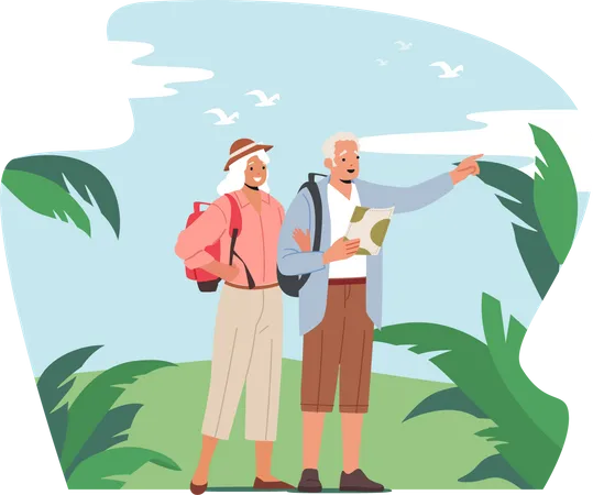 Personas mayores que viajan buscando camino en un país tropical  Ilustración